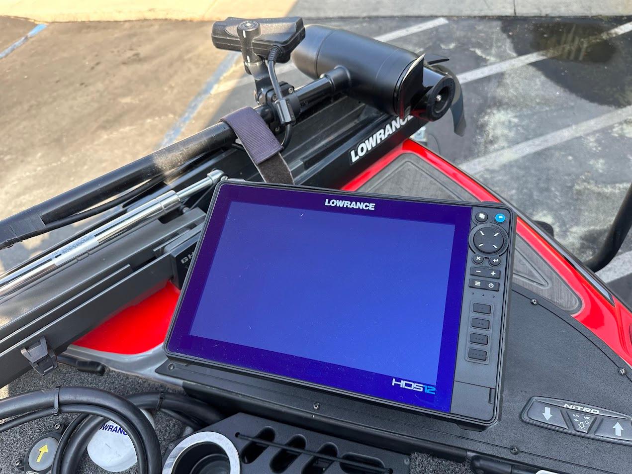 Lowrance HDS display on 2023 Nitro Z21 XL Pro boat dashboard.