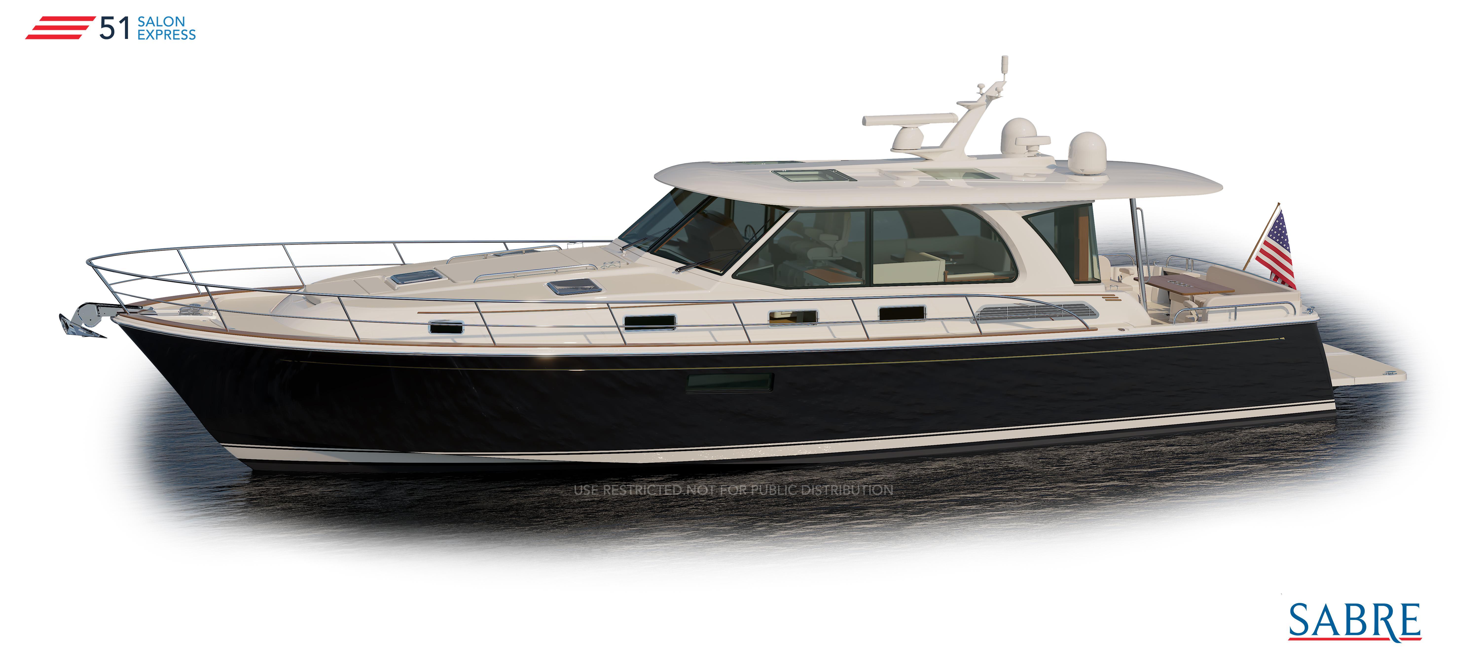 2026 Sabre 51 Salon Express yacht with sleek design and American flag.