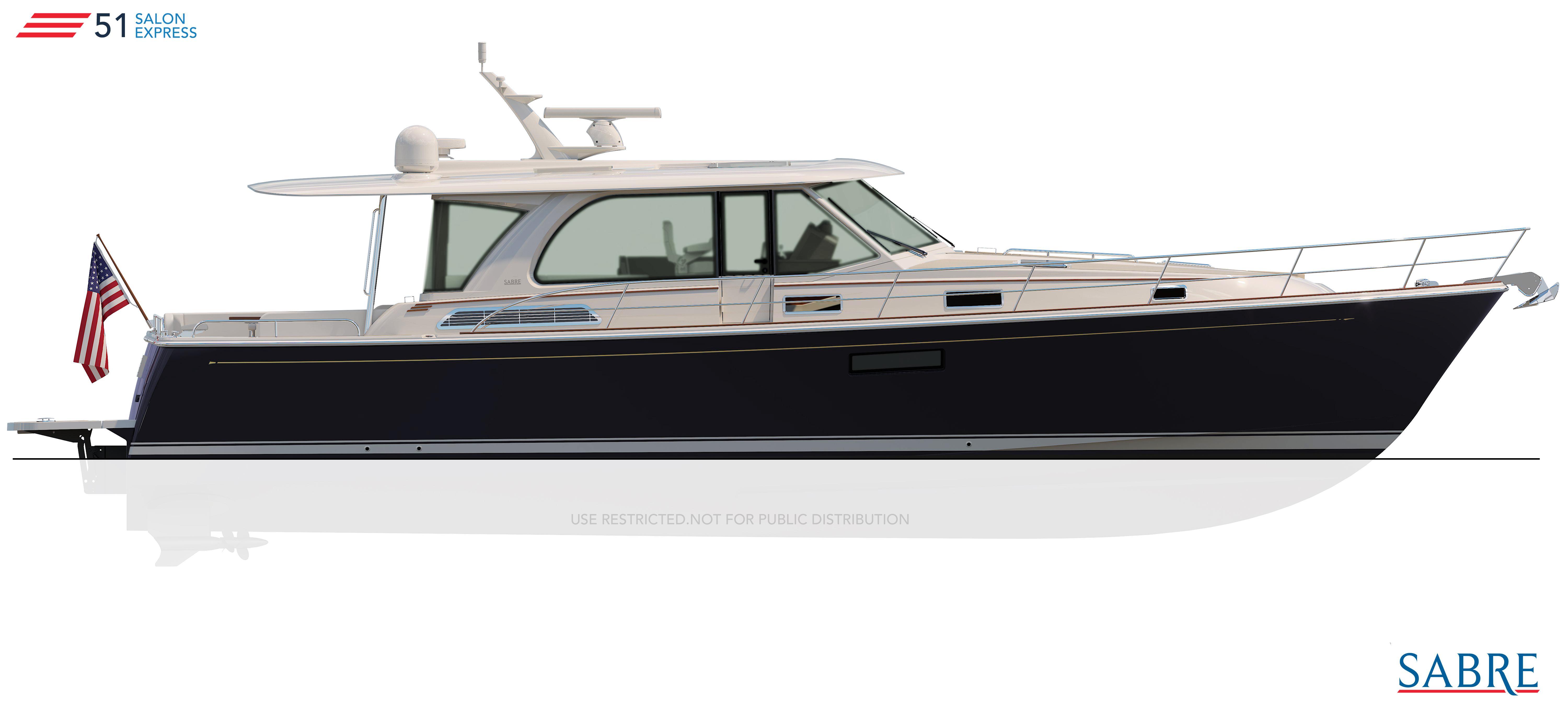 2026 Sabre 51 Salon Express yacht with sleek design and American flag.