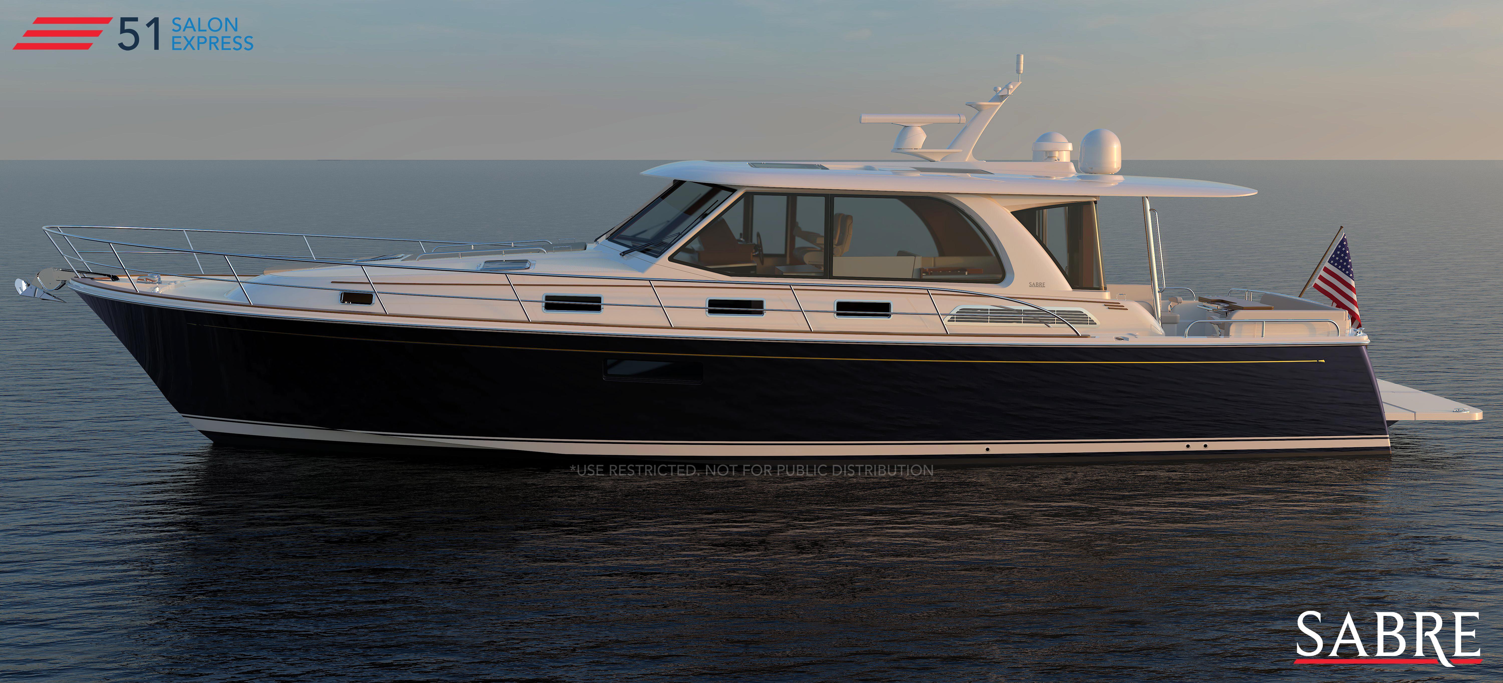 2026 Sabre 51 Salon Express yacht on calm water at sunset.