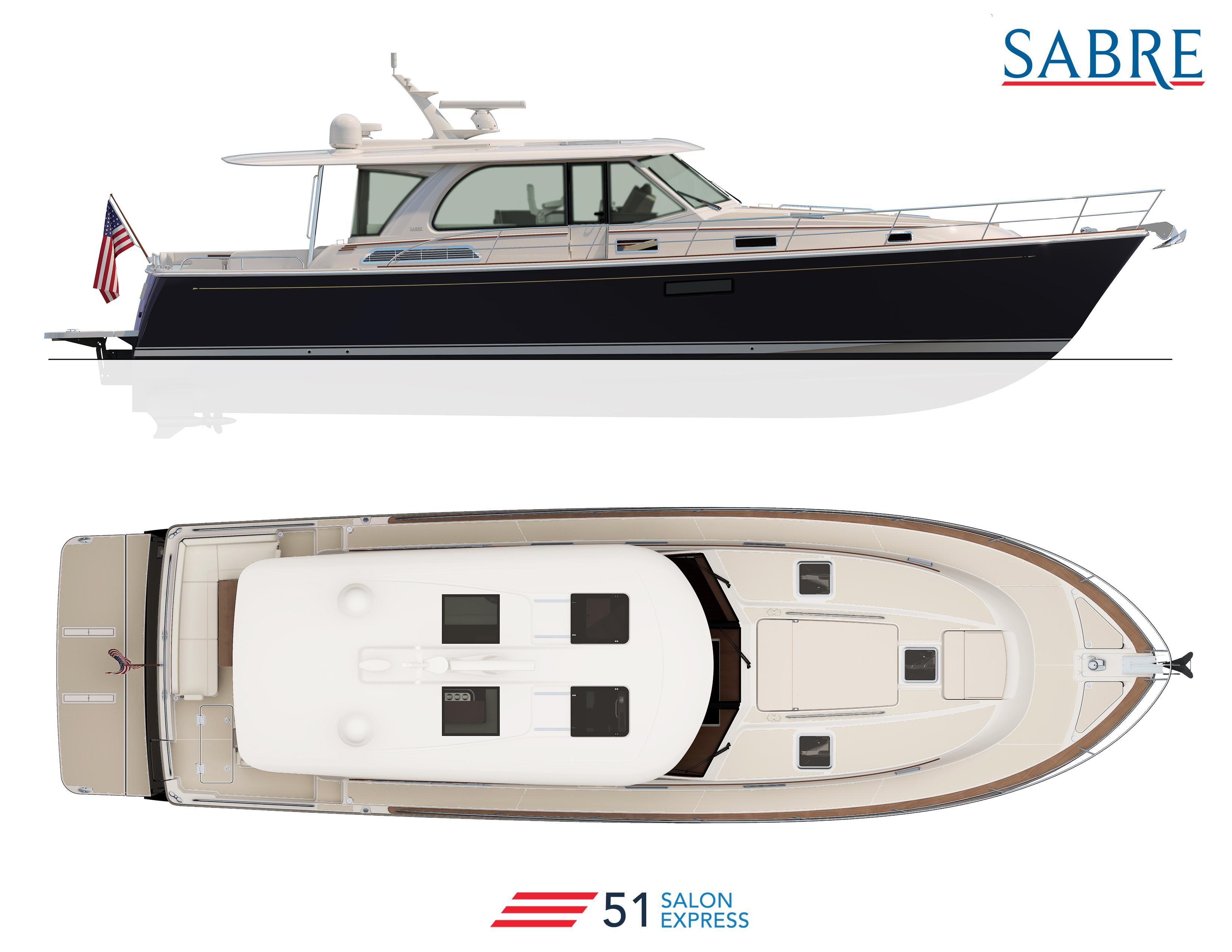 2026 Sabre 51 Salon Express yacht, side and top view, with American flag.