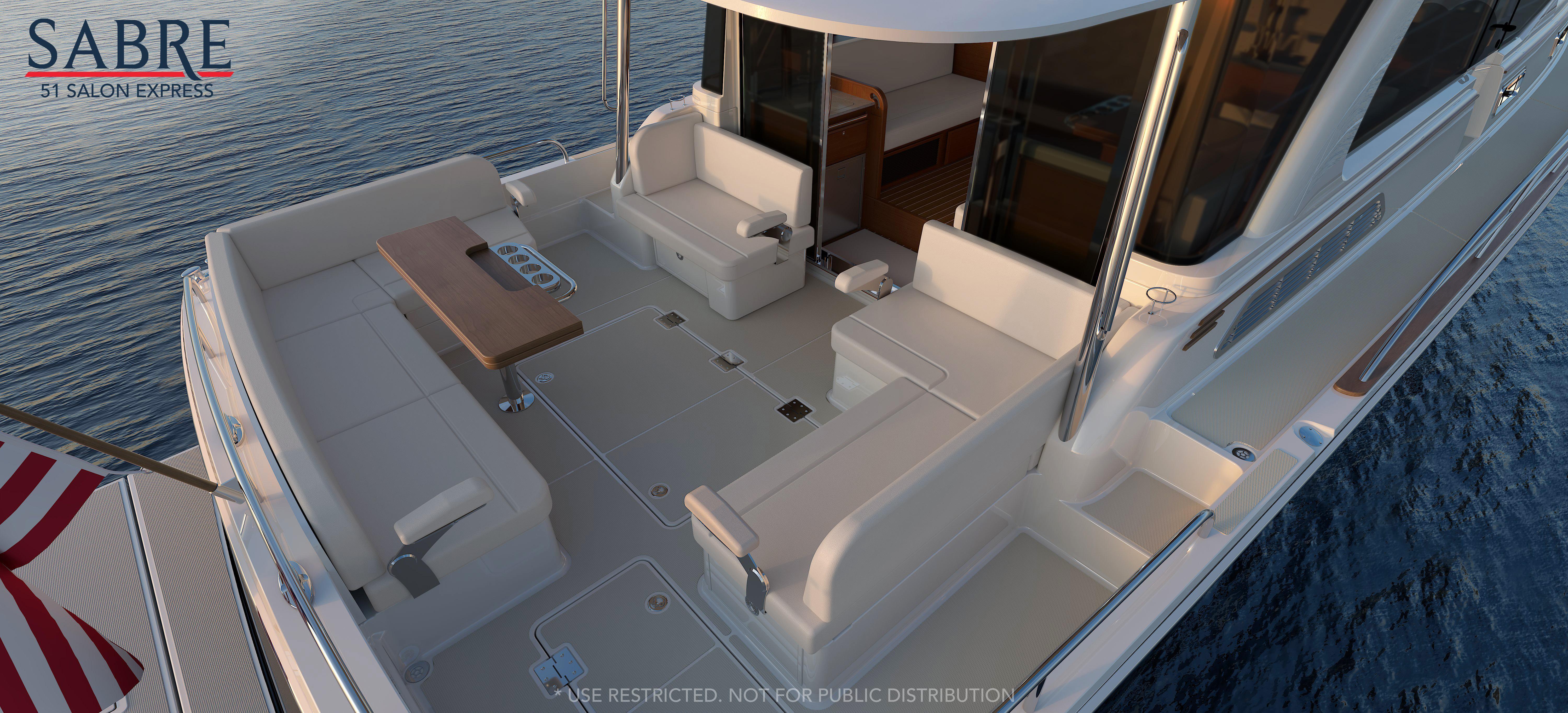 Luxurious 2026 Sabre 51 yacht deck with elegant seating and ocean view.