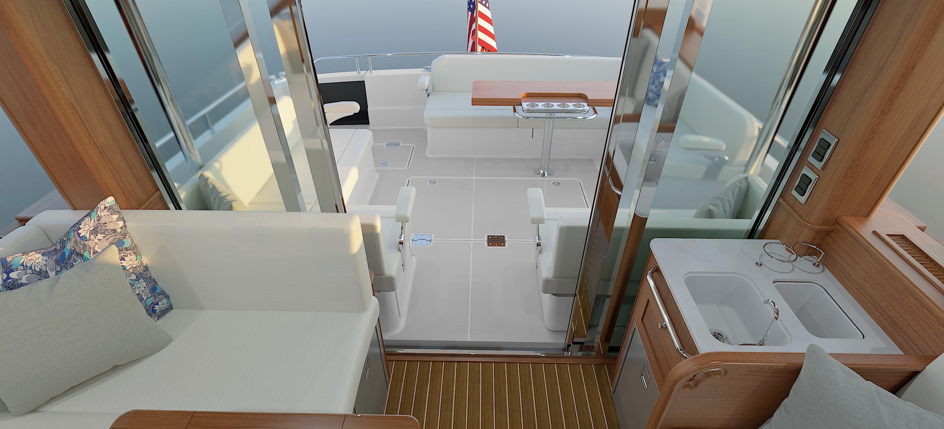 Luxurious interior of 2026 Sabre 51 yacht with elegant seating and modern amenities.