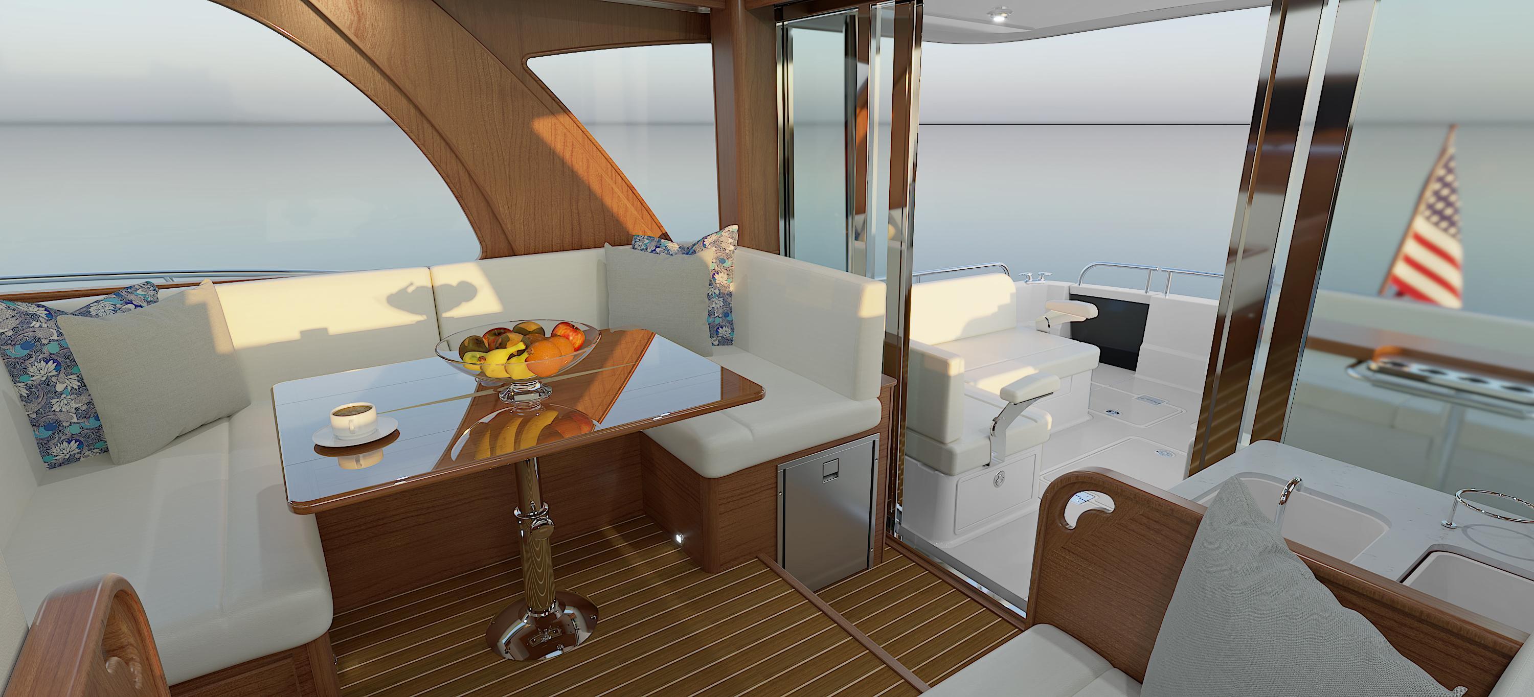 Luxurious interior of 2026 Sabre 51 yacht with elegant seating and dining area.