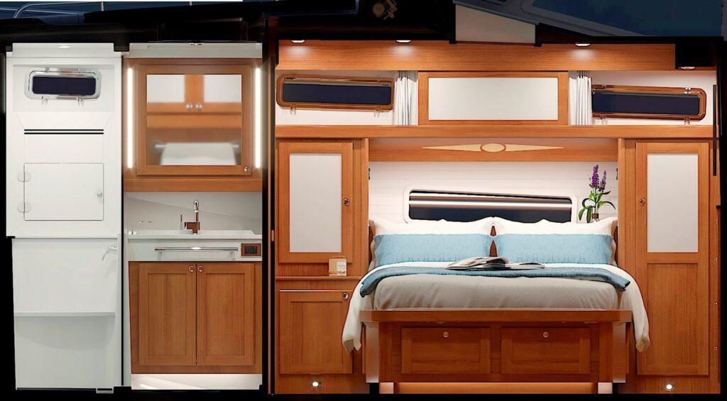 Luxurious Sabre 51 yacht interior, 2026 model, featuring elegant wood cabinetry and cozy bedroom.