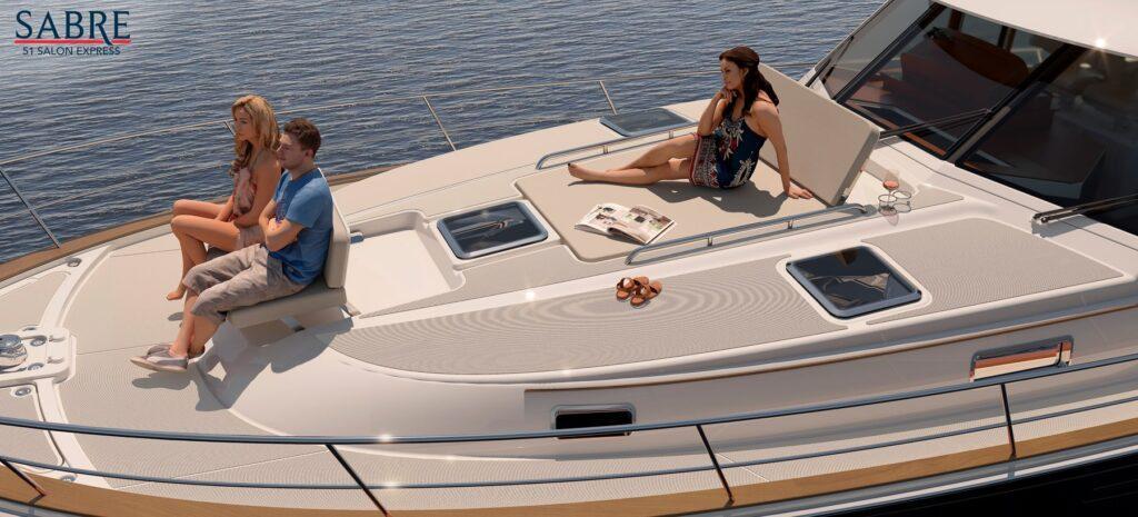 Luxurious 2026 Sabre 51 yacht with people relaxing on deck, enjoying the ocean view.