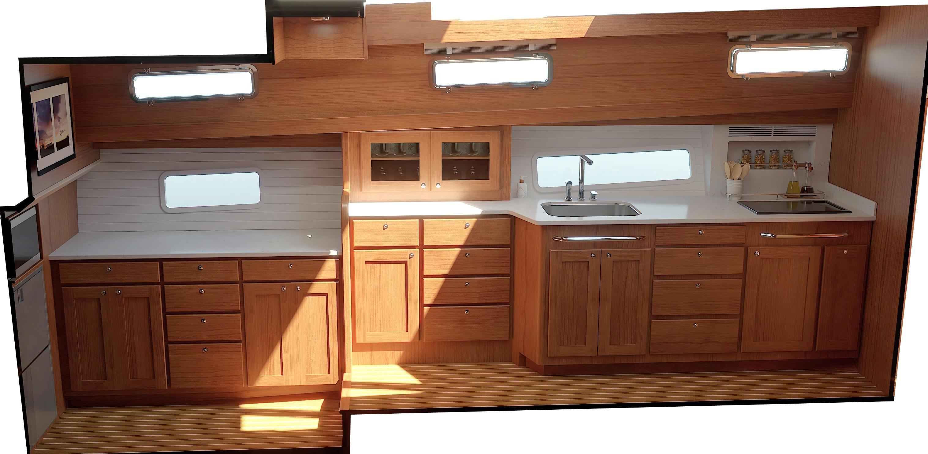 Luxurious Sabre 51 yacht interior kitchen with wooden cabinetry and modern appliances, 2026 model.