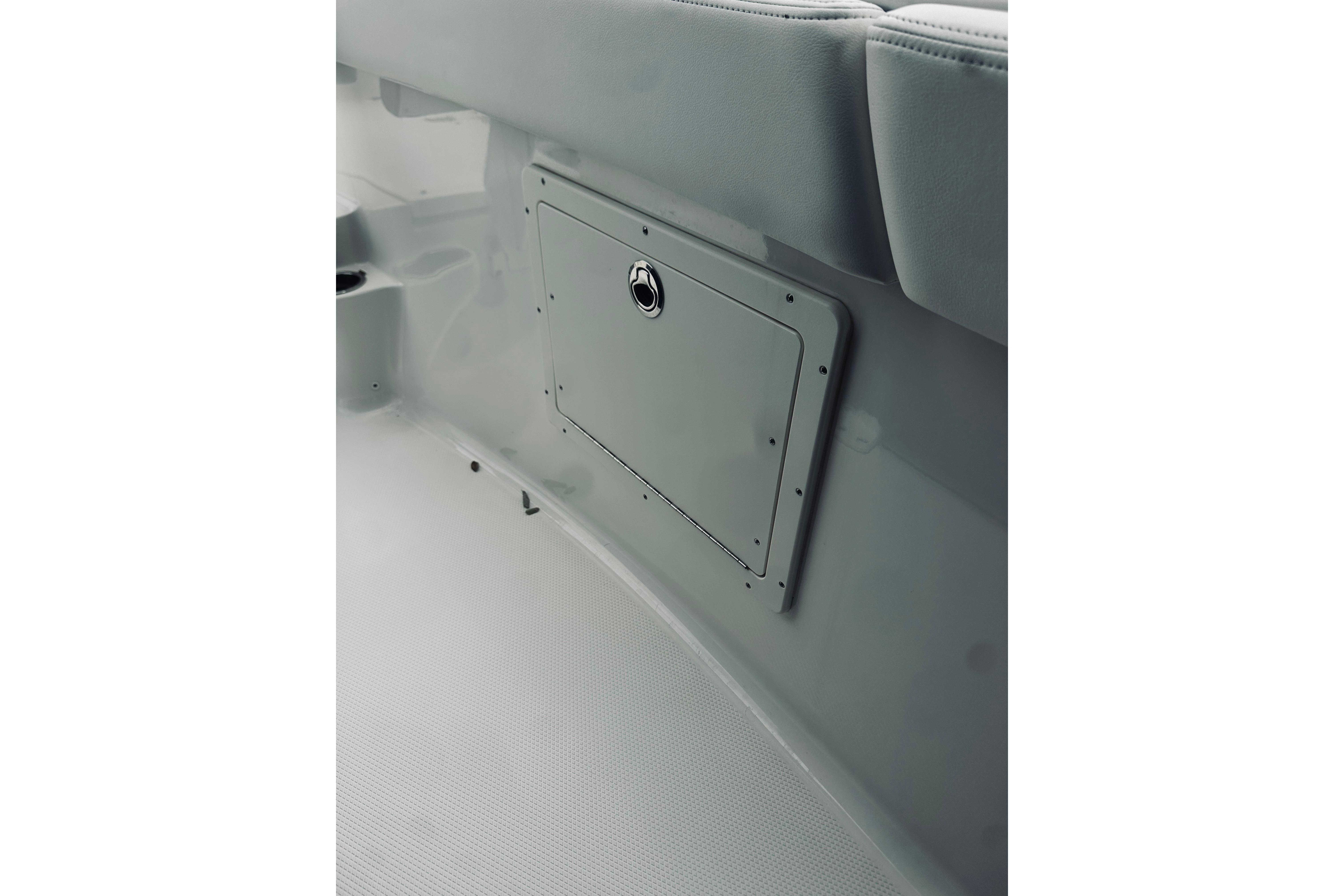 2022 Robalo R272 Center Console interior storage compartment detail.