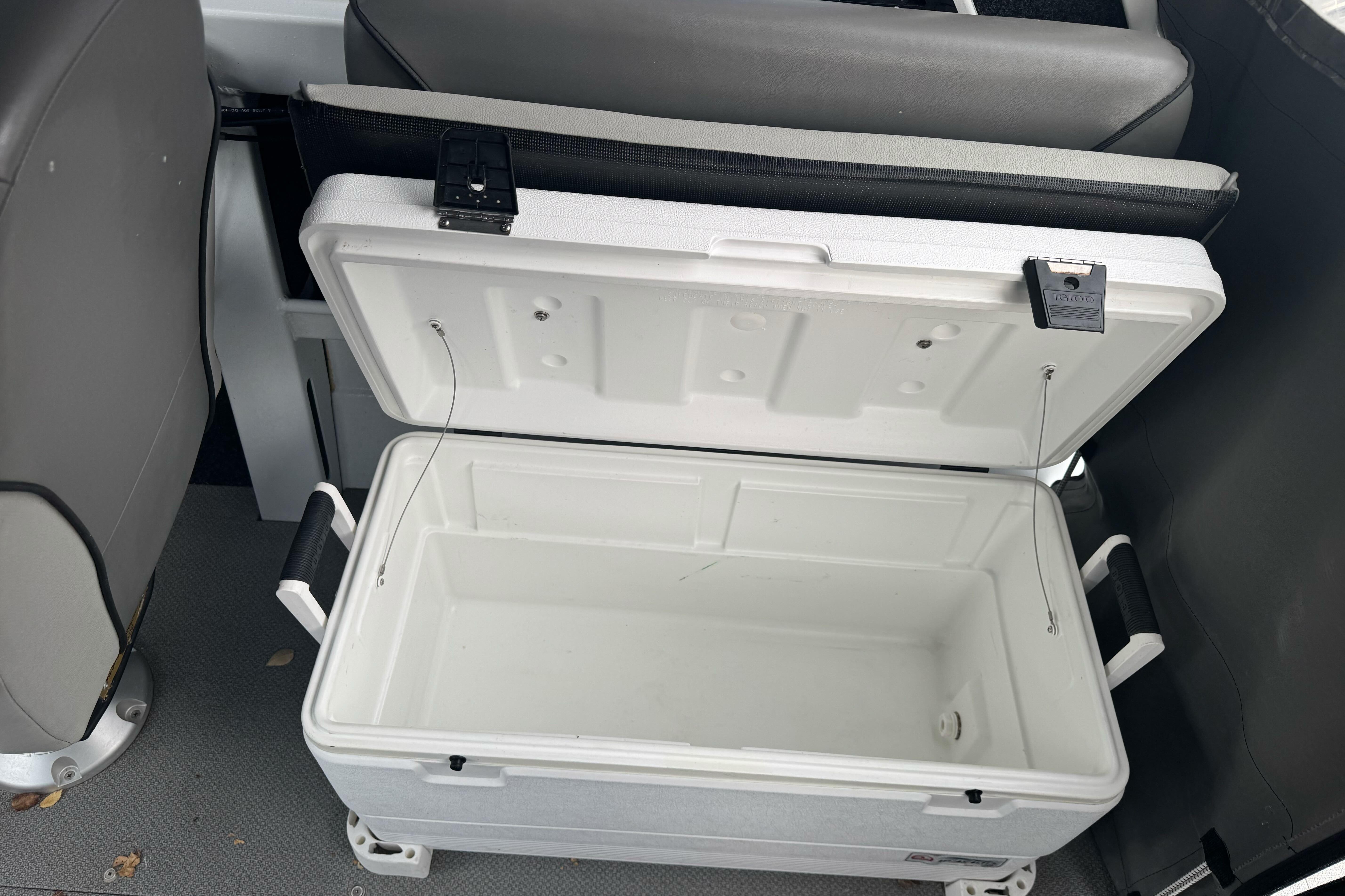 Open cooler inside a 2021 KingFisher 2025 Escape HHT boat.