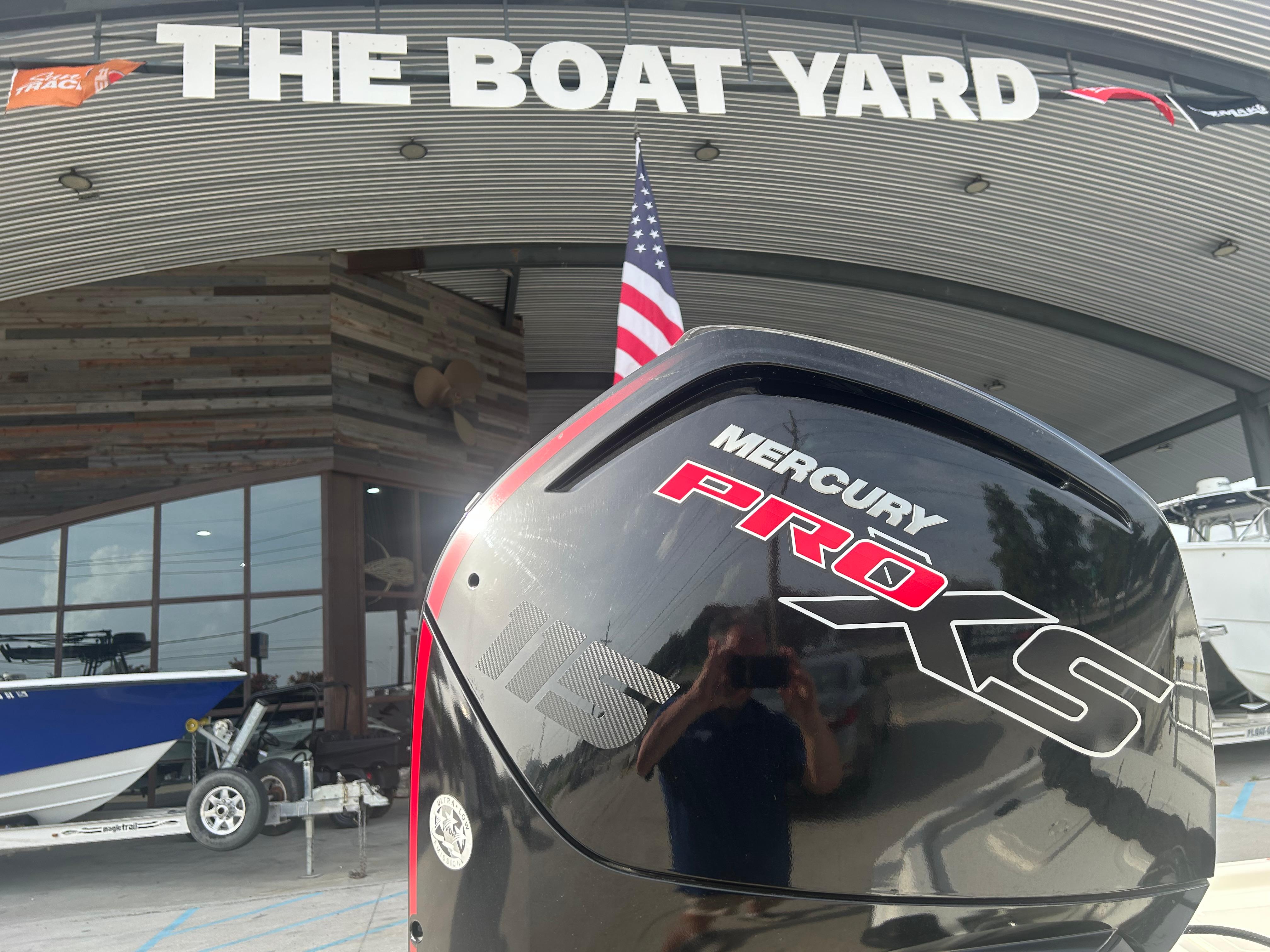 Mercury Pro XS engine at The Boat Yard, featuring a 2021 Mako Pro Skiff 19 CC.