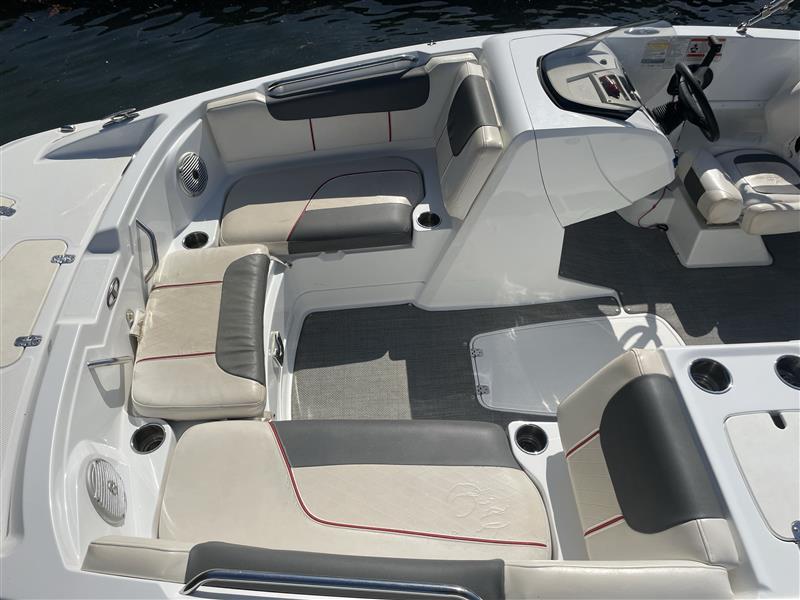 Interior of a 2021 Tahoe 1950 boat with spacious seating and modern design.