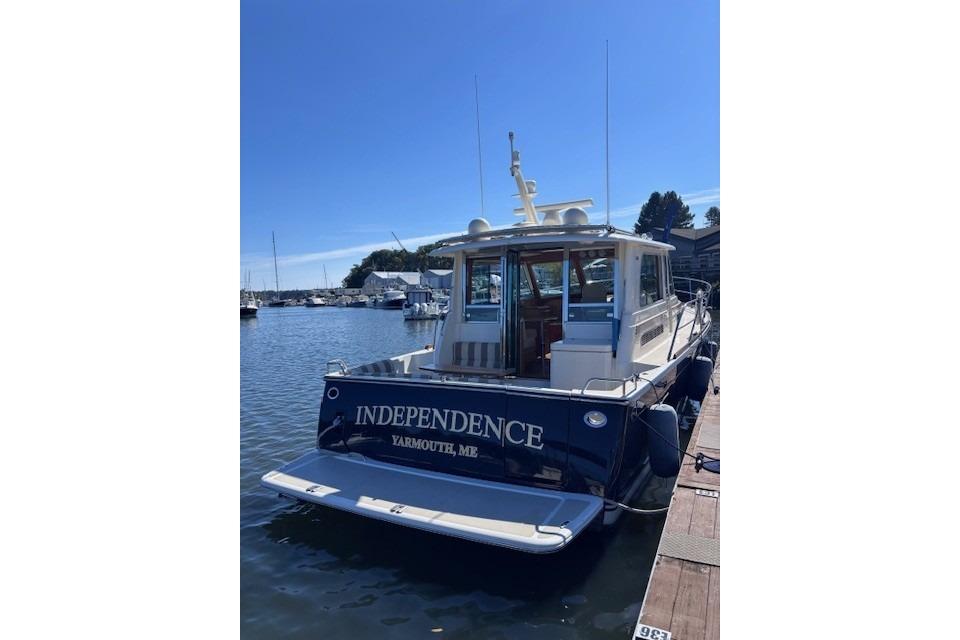 2012 Sabre 42 Salon Express yacht docked, named u0022Independence,u0022 in Yarmouth, ME.