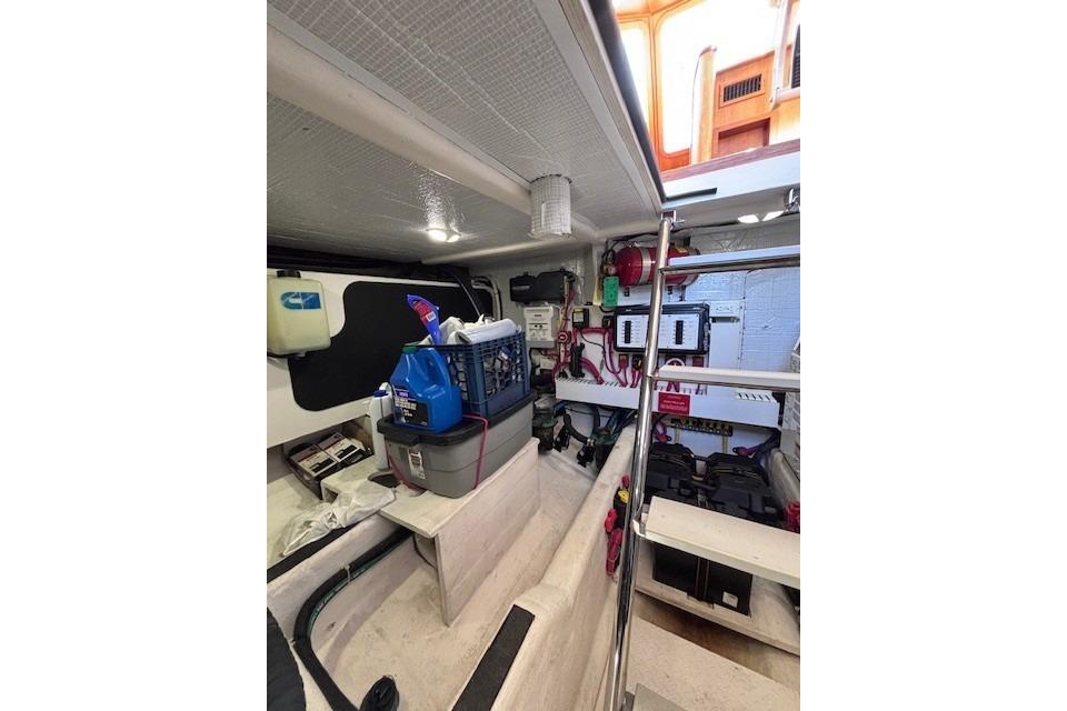 Interior of 2012 Sabre 42 Salon Express boat with equipment and storage.