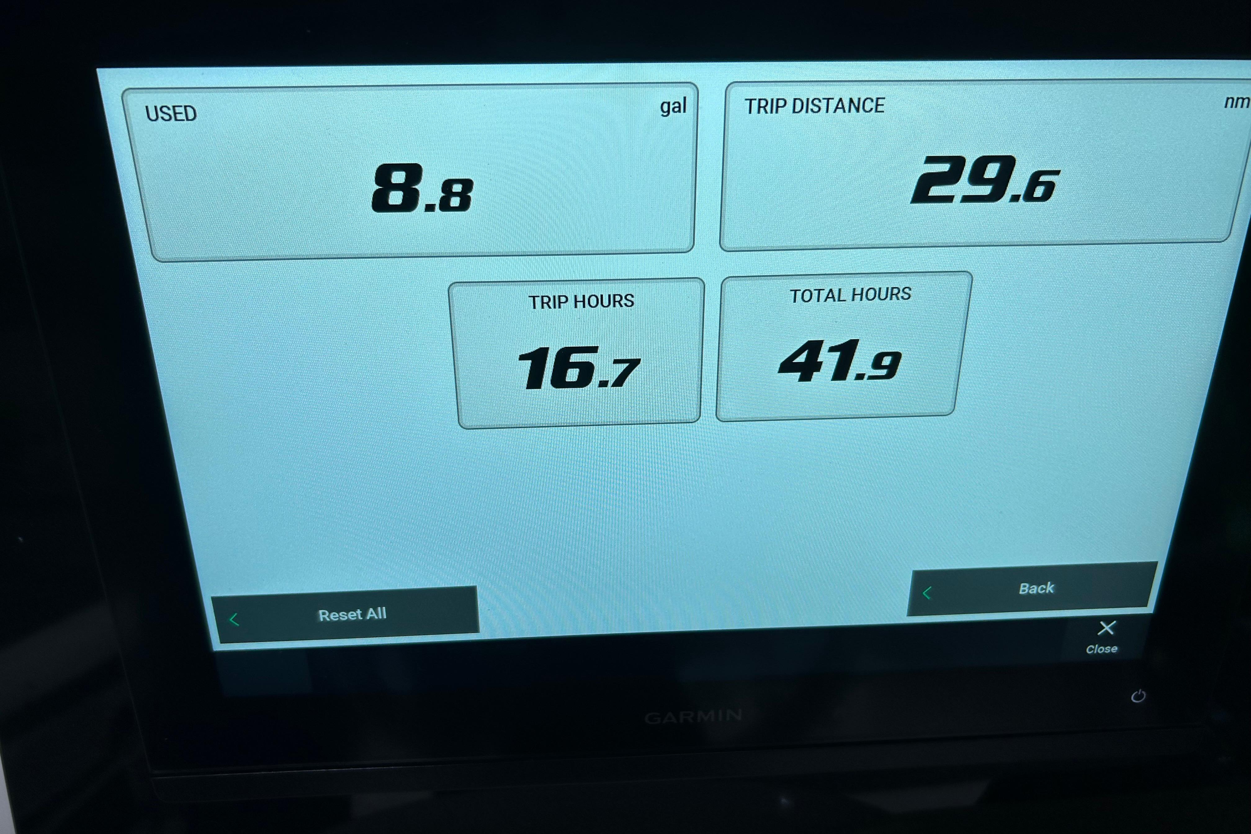 Garmin display showing trip data: 8.8 gallons used, 29.6 nautical miles traveled.
