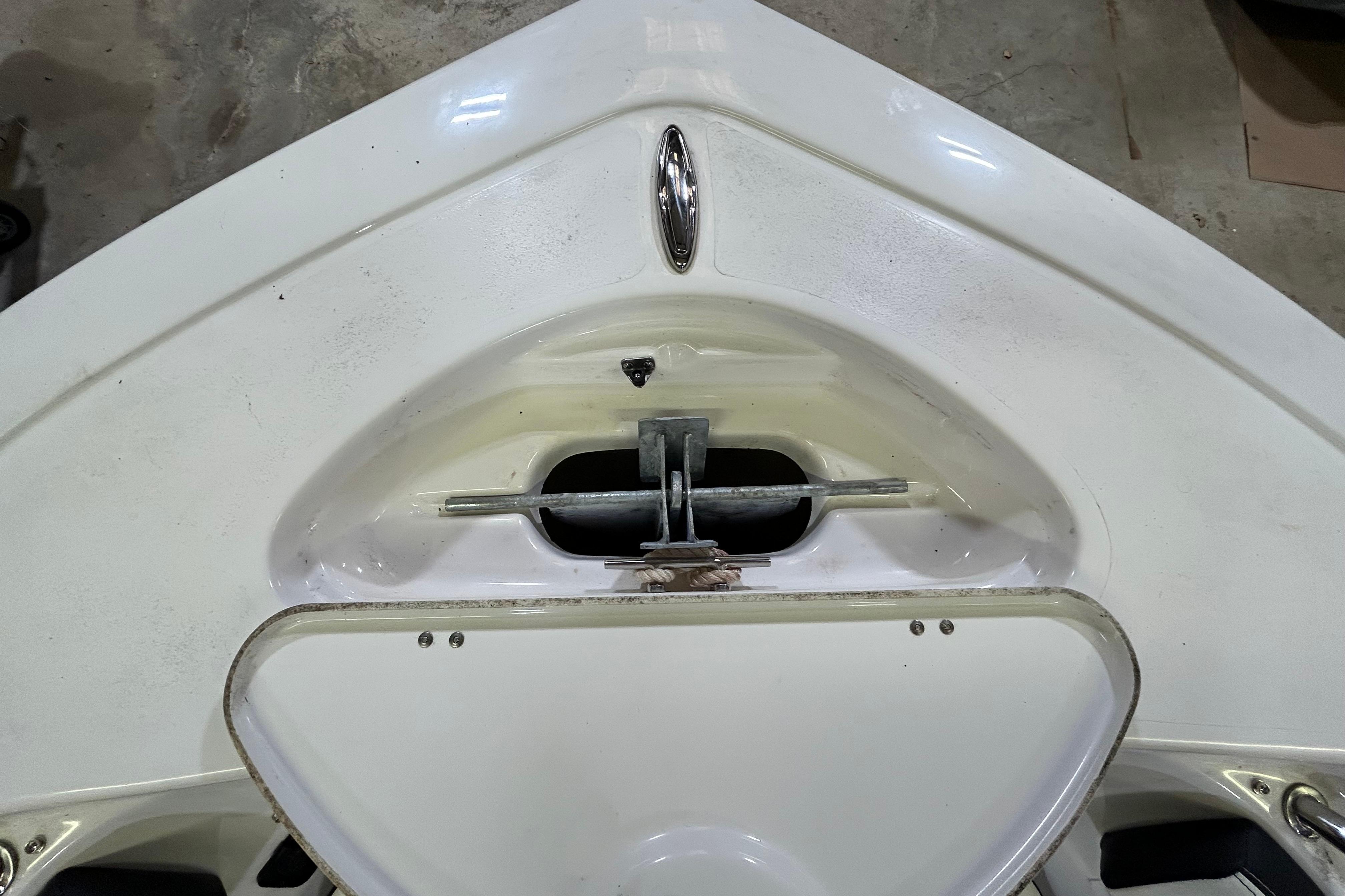 Bow of 2024 Tidewater 198 CC Adventure boat with anchor storage.