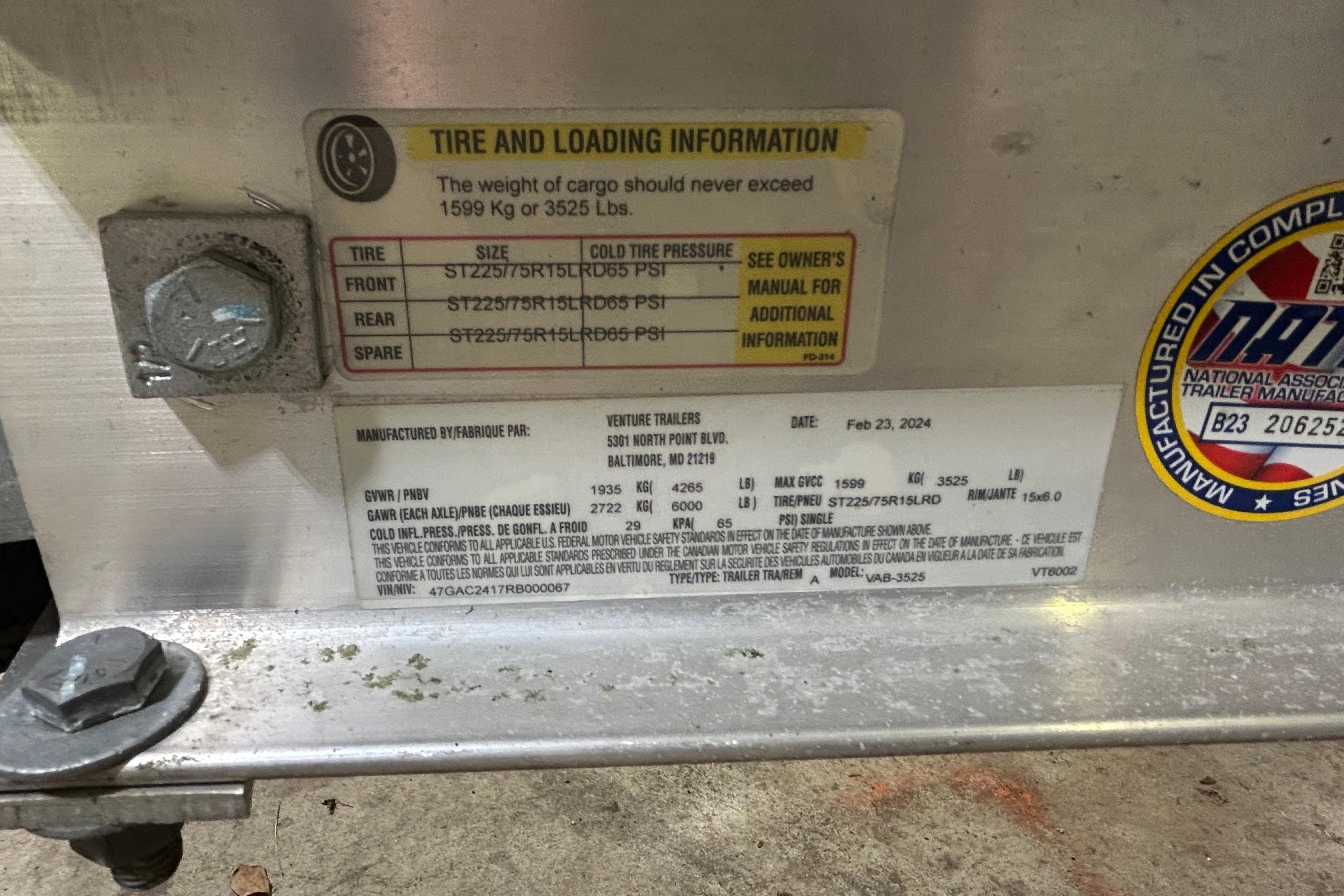 2024 Tidewater 198 CC Adventure tire and loading information label with specifications.