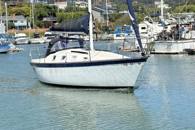 1979 Lancer Sloop sailboat on calm water in a marina setting.
