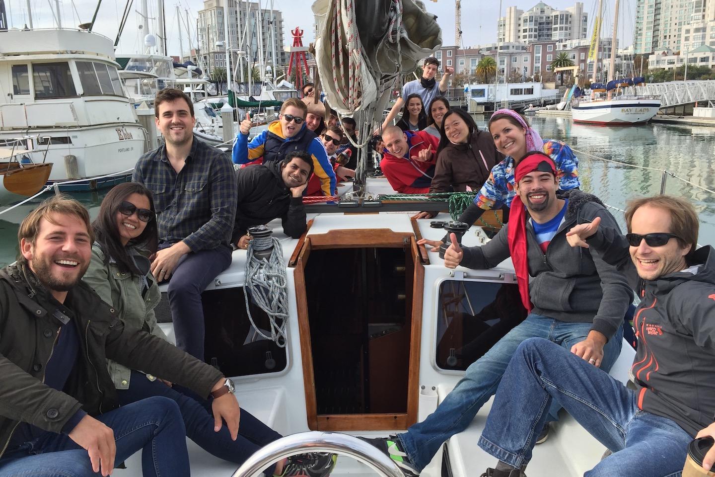 Group of people enjoying a day on a 1982 Santa Cruz 50 sailboat.