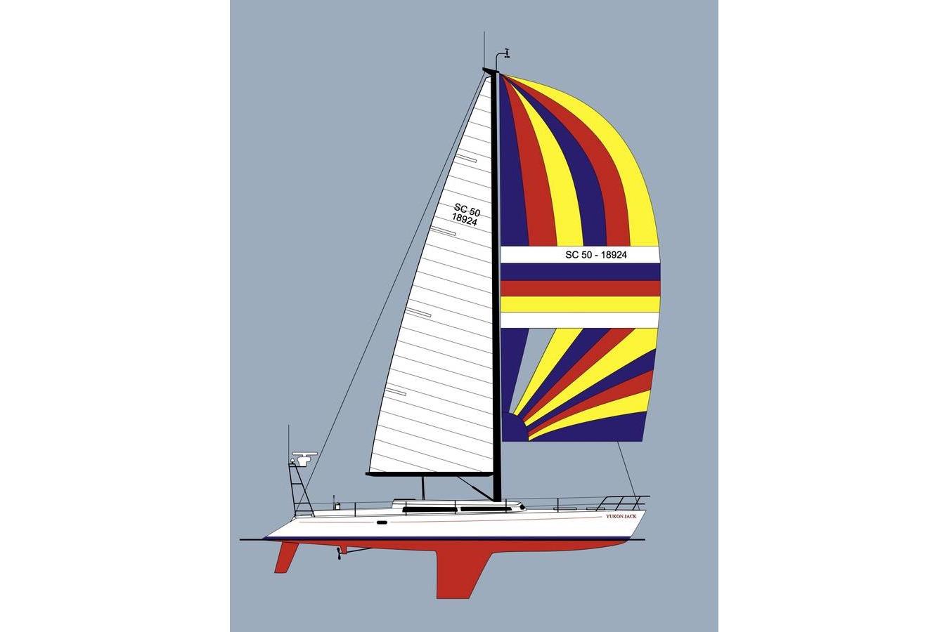 Illustration of a 1982 Santa Cruz 50 sailboat with colorful sails on a blue background.