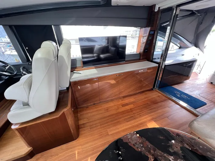 Seven Yacht Photos Pics Luxurious interior of 2018 Princess V58 yacht with sleek wood flooring and modern seating.