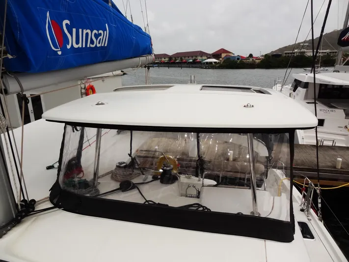 Blind Ambition II Yacht Photos Pics Lagoon 42 catamaran, 2020 model, docked with Sunsail branding on sail.