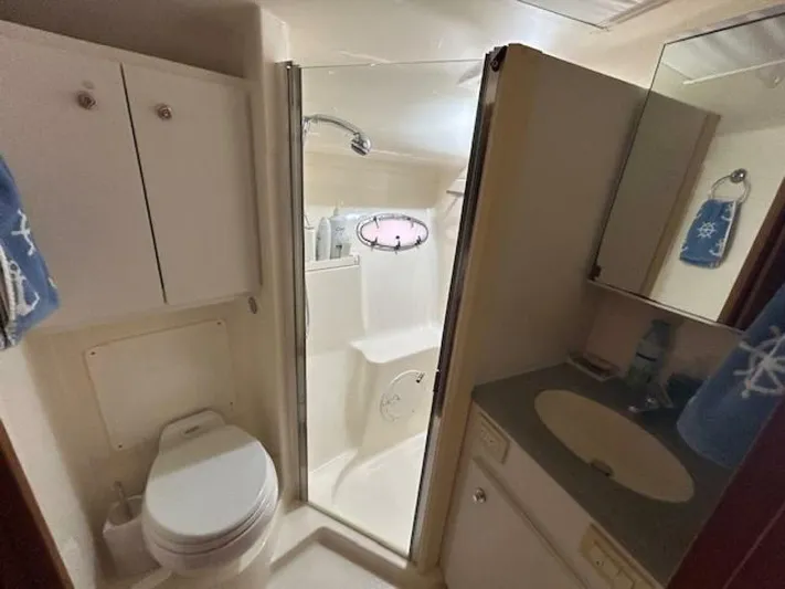 Absolutely Yacht Photos Pics Bathroom interior of 2006 Tiara Yachts Open, featuring shower, toilet, and sink.