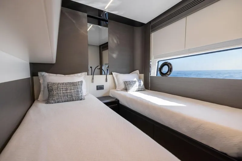  Yacht Photos Pics Luxurious twin bedroom in 2023 Azimut S8 yacht with ocean view.