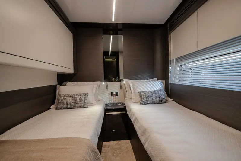  Yacht Photos Pics Luxurious twin cabin interior of 2023 Azimut S8 yacht with modern design.