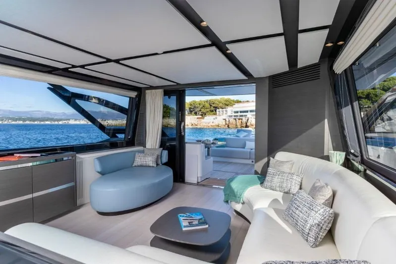  Yacht Photos Pics Luxurious interior of 2023 Azimut S8 yacht with modern seating and scenic ocean view.