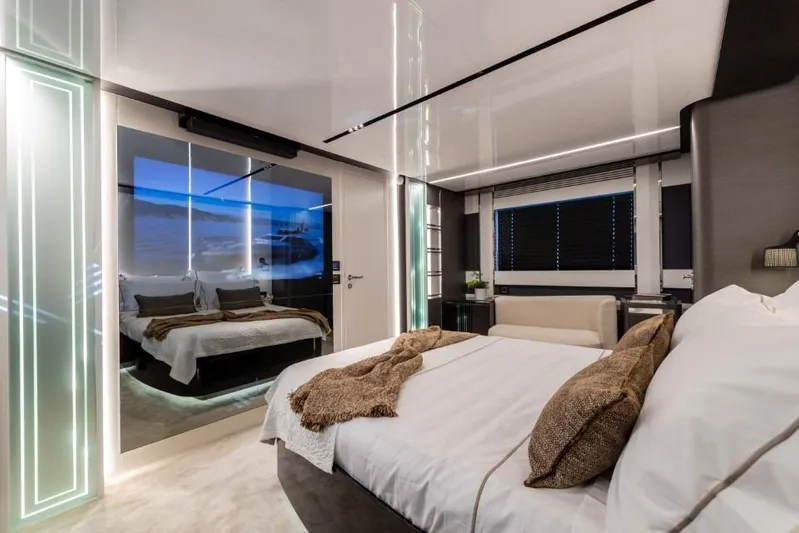  Yacht Photos Pics Luxurious interior of 2023 Azimut S8 yacht bedroom with modern design and elegant furnishings.