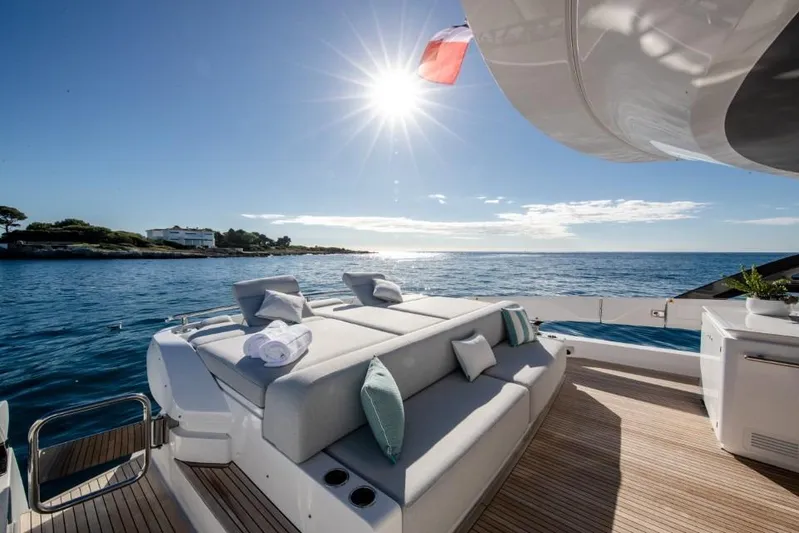  Yacht Photos Pics Luxurious 2023 Azimut S8 yacht deck with sun loungers, ocean view, and bright sunlight.