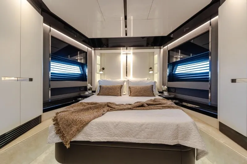  Yacht Photos Pics Luxurious bedroom interior of 2023 Azimut S8 yacht with modern design and elegant decor.