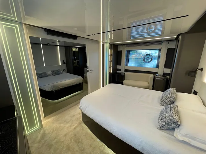  Yacht Photos Pics Luxurious bedroom interior of 2023 Azimut S8 yacht with modern design and elegant lighting.