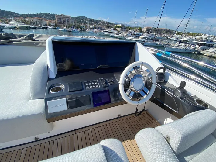  Yacht Photos Pics Helm of 2023 Azimut S8 yacht with modern controls and scenic marina view.