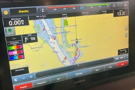 Tootles Yacht Photos Pics Garmin GPS navigation display on 2016 Ranger Tugs R-31 boat, showing detailed marine map.