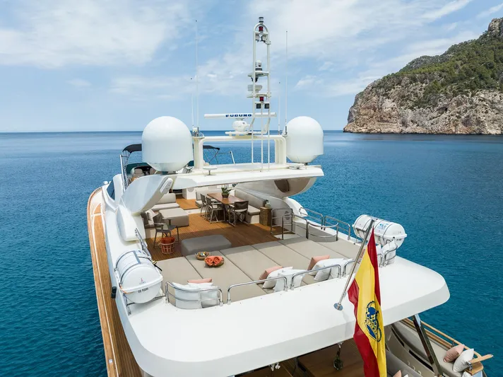  Yacht Photos Pics Luxurious 2005 Astondoa 102 GLX yacht on serene blue waters, featuring spacious deck and Spanish flag.