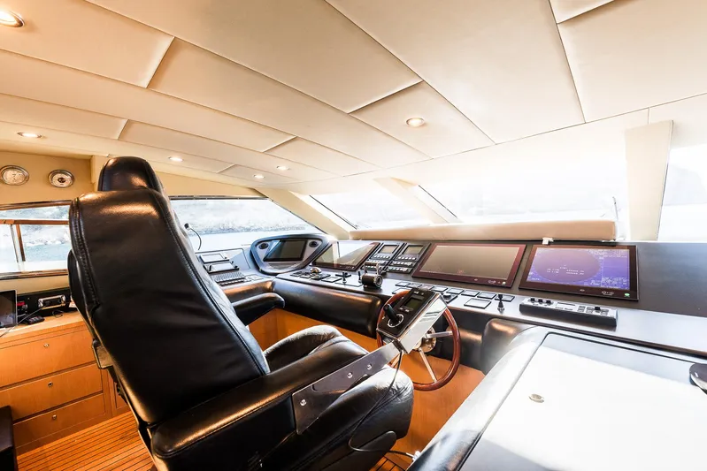  Yacht Photos Pics Luxurious helm of 2005 Astondoa 102 GLX yacht with leather seating and advanced navigation controls.