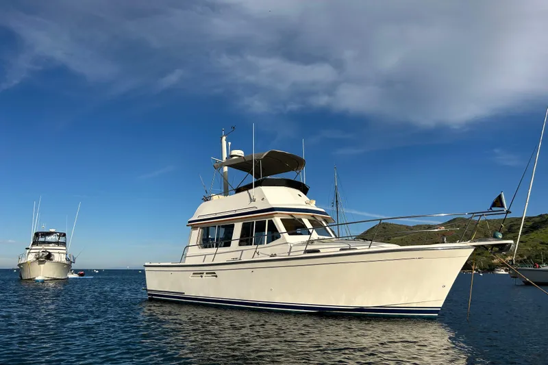 Honey Dew Yacht Photos Pics 2000 Sabre 34 Flybridge yacht anchored on calm blue waters under a clear sky.