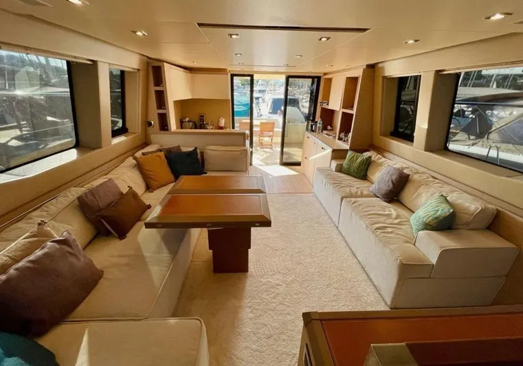Anahita Yacht Photos Pics Luxurious interior of 2015 Beneteau Monte Carlo 6 yacht with plush seating and elegant decor.