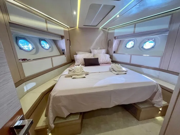 Anahita Yacht Photos Pics Luxurious cabin interior of 2015 Beneteau Monte Carlo 6 yacht with elegant bedding.