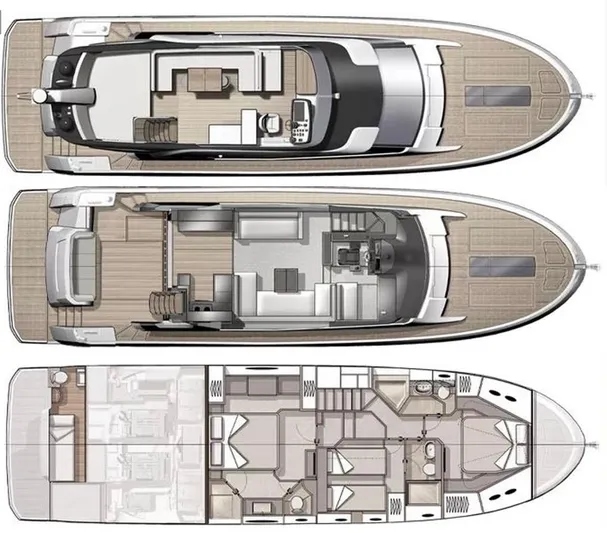 Anahita Yacht Photos Pics Floor plan of 2015 Beneteau Monte Carlo 6 yacht, showcasing three levels.