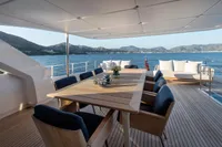 Luxurious 2023 Custom Line Navetta 30 yacht deck with elegant dining area and scenic ocean view.