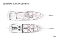 2023 Custom Line Navetta 30 yacht layout showing main and lower deck arrangements.