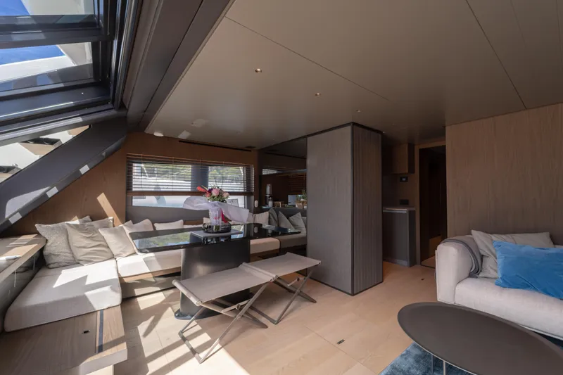  Yacht Photos Pics Luxurious interior of 2025 Bluegame BG74 yacht with modern seating and elegant decor.