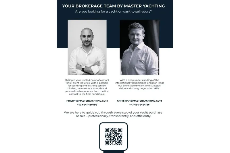  Yacht Photos Pics Master Yachting brokerage team offering yacht buying and selling services, featuring contact details and QR code.