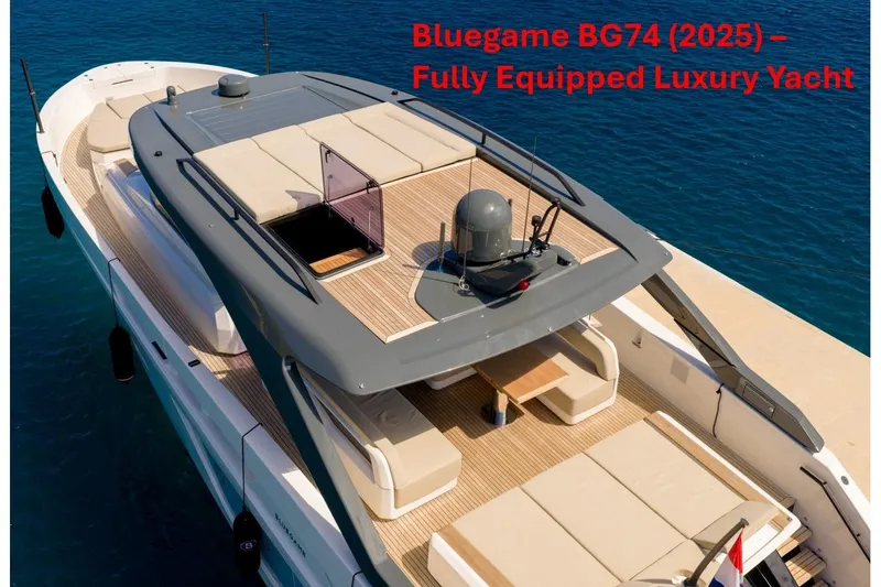  Yacht Photos Pics Luxury Bluegame BG74 yacht (2025) with spacious deck and modern amenities on open water.