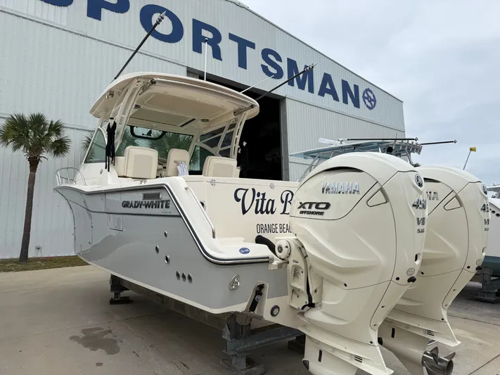  Yacht Photos Pics 2025 Grady-White Express 330 boat with Yamaha engines at Sportsman facility.