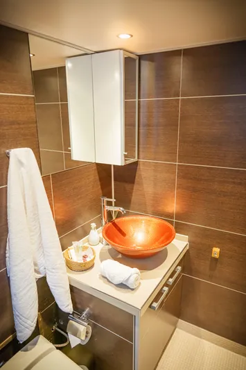 Sanssouci Star Yacht Photos Pics Luxurious bathroom with modern fixtures, vessel sink, and elegant brown tile design.