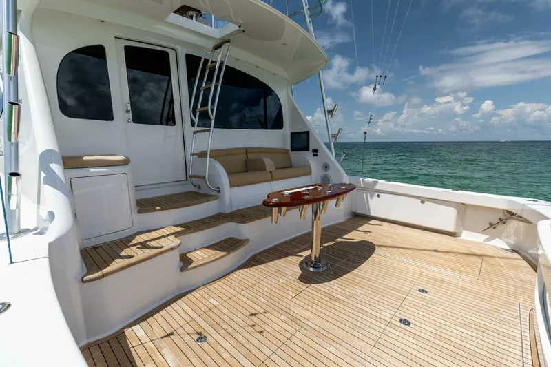 Miss Virginia Yacht Photos Pics Luxurious 2017 Viking 66 Convertible yacht deck with ocean view and teak flooring.