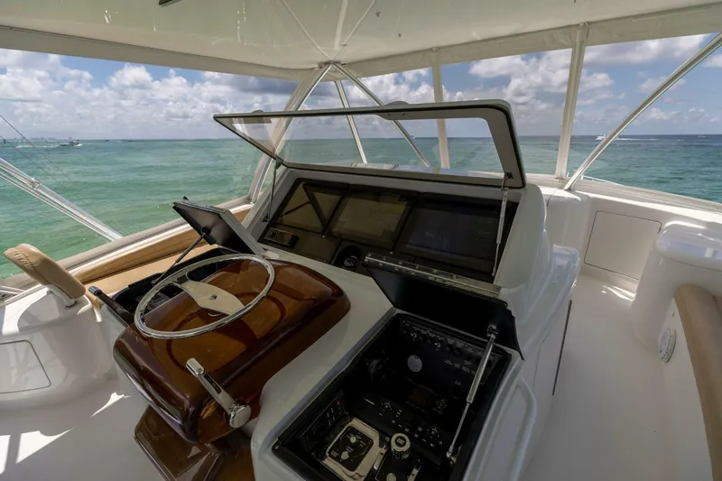 Miss Virginia Yacht Photos Pics Helm of 2017 Viking 66 Convertible yacht with ocean view.